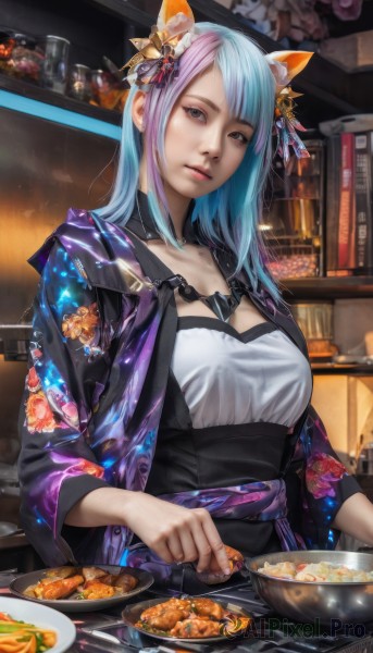 1girl,solo,long hair,breasts,looking at viewer,bangs,hair ornament,animal ears,brown eyes,jewelry,medium breasts,blue hair,upper body,pink hair,multicolored hair,earrings,parted lips,food,japanese clothes,indoors,cat ears,kimono,two-tone hair,lips,grey eyes,sash,fox ears,obi,plate,bowl,realistic,bookshelf,cooking,shelf,blue eyes,holding,cleavage,closed mouth,jacket,purple hair,knife,spoon