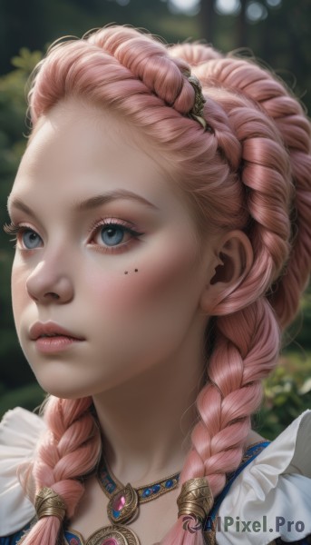 1girl,solo,long hair,looking at viewer,blue eyes,hair ornament,jewelry,pink hair,braid,parted lips,artist name,necklace,mole,blurry,twin braids,lips,eyelashes,mole under eye,makeup,depth of field,blurry background,portrait,hair over shoulder,close-up,forehead,freckles,realistic,nose,mascara,multiple braids,blush,frills,grey eyes,looking away,sunlight,gem,eyeshadow,crown braid,looking afar,blue gemstone