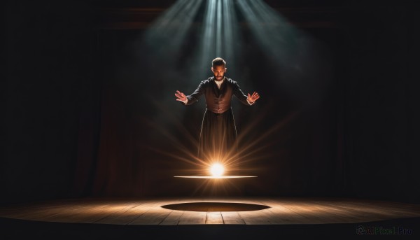 solo,smile,short hair,black hair,long sleeves,1boy,standing,male focus,vest,facial hair,parody,outstretched arms,light rays,mustache,light,dark,stage,spotlight,stage lights,shirt,bow,jacket,bowtie,formal,suit,realistic