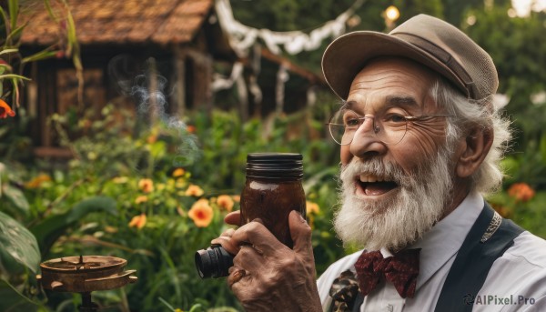 solo,smile,open mouth,shirt,1boy,hat,bow,holding,white shirt,upper body,flower,white hair,grey hair,male focus,outdoors,necktie,glasses,collared shirt,bowtie,blurry,vest,red bow,cup,blurry background,facial hair,suspenders,plant,red bowtie,beard,smoke,realistic,round eyewear,mustache,brown headwear,old,smoking pipe,old man,orange flower,cigar,looking at viewer,day,signature,depth of field,ring,bottle,rope,coffee,wrinkled skin