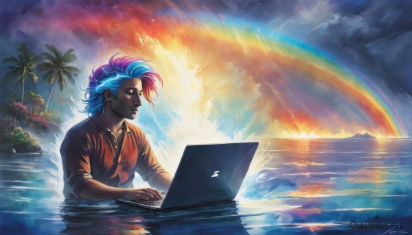 solo,shirt,1boy,jewelry,blue hair,upper body,pink hair,male focus,multicolored hair,earrings,outdoors,sky,artist name,cloud,signature,dark skin,water,necklace,two-tone hair,tree,wet,watermark,piercing,dark-skinned male,cloudy sky,sunset,palm tree,computer,rainbow,laptop,short hair,closed mouth,necktie,collared shirt,tattoo,ocean,facial mark,red shirt,web address,wading,reflection,facial tattoo