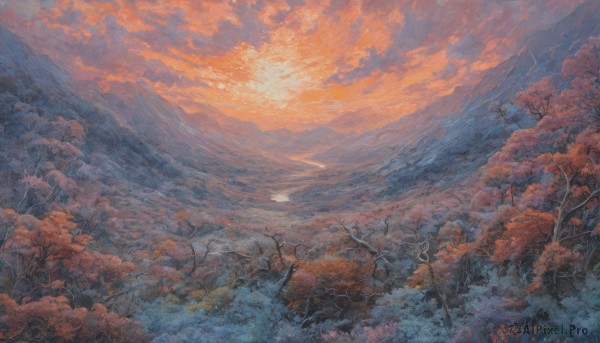 A landscape captured in a tranquil sunset outdoors