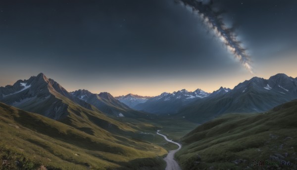 outdoors,sky,cloud,tree,no humans,night,grass,star (sky),nature,night sky,scenery,smoke,starry sky,mountain,landscape,mountainous horizon,flower,forest,sunset,field,fog