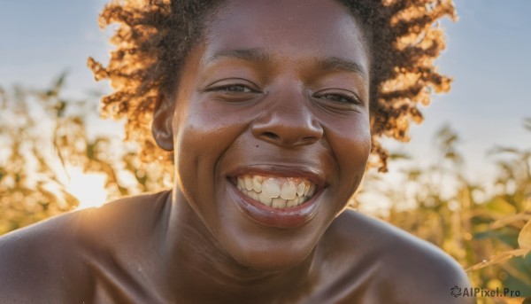 solo,looking at viewer,smile,open mouth,brown hair,1boy,collarbone,male focus,outdoors,sky,teeth,day,dark skin,grin,blurry,blurry background,leaf,half-closed eyes,portrait,realistic,black hair,brown eyes,upper body,mole,lips,meme,afro,mole on cheek