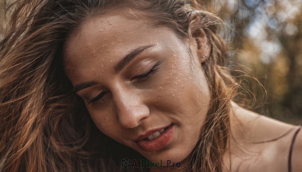 1girl,solo,long hair,smile,brown hair,jewelry,closed eyes,earrings,parted lips,teeth,blurry,lips,eyelashes,depth of field,blurry background,piercing,sleeping,messy hair,ear piercing,portrait,facing viewer,close-up,freckles,realistic,nose,stud earrings,open mouth