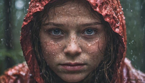 1girl, solo, looking at viewer, blue eyes, brown hair, closed mouth, hood, blurry, lips, wet, portrait, close-up, rain, realistic, nose