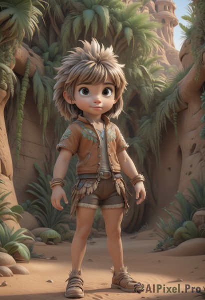 solo,looking at viewer,short hair,brown hair,shirt,1boy,brown eyes,jewelry,closed mouth,standing,jacket,full body,short sleeves,male focus,outdoors,shoes,shorts,day,belt,artist name,bracelet,tree,plant,child,palm tree,male child,brown shorts,vest,rock