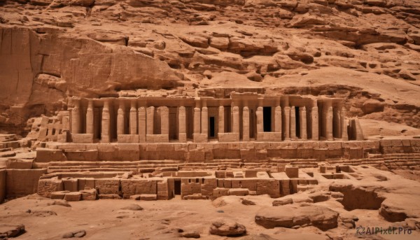 monochrome,outdoors,no humans,building,scenery,rock,ruins,bridge,sepia,brown theme,sky,water,sand,desert