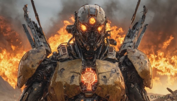 solo,looking at viewer,upper body,orange eyes,no humans,glowing,fire,robot,mecha,glowing eyes,smoke,machinery,science fiction,realistic,explosion,straight-on,damaged,embers,burning,cable,extra eyes,humanoid robot