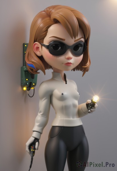 1girl,solo,breasts,looking at viewer,blush,smile,short hair,brown hair,shirt,gloves,long sleeves,holding,closed mouth,standing,white shirt,weapon,cowboy shot,small breasts,pants,white gloves,covered nipples,lips,loli,bodysuit,black pants,sunglasses,goggles,skin tight,freckles,tight,tight pants,yoga pants,science fiction,cyborg