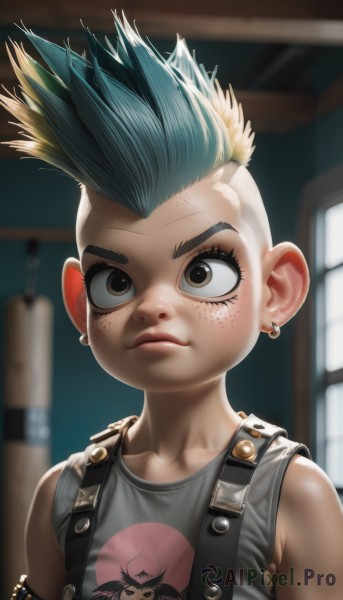 1girl,solo,short hair,shirt,1boy,brown eyes,jewelry,closed mouth,blue hair,upper body,male focus,multicolored hair,earrings,green hair,sleeveless,indoors,blurry,blurry background,piercing,suspenders,tank top,spiked hair,ear piercing,child,freckles,female child,overalls,male child,very short hair,mohawk,blonde hair,bare shoulders,collarbone,vest,two-tone hair,lips,eyelashes,window,aged down,nose,undercut