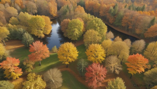 flower,outdoors,water,tree,no humans,leaf,traditional media,grass,nature,scenery,forest,reflection,road,bush,autumn leaves,maple leaf,river,autumn,reflective water,artist name,signature,waterfall