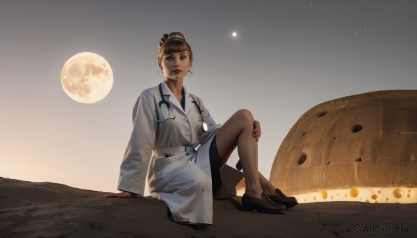 1girl,solo,looking at viewer,skirt,brown hair,black hair,long sleeves,sitting,closed mouth,full body,pantyhose,outdoors,sky,shoes,hair bun,black footwear,night,arm support,moon,single hair bun,star (sky),full moon,starry sky,knee up,realistic,labcoat,planet,stethoscope,doctor,short hair,blue eyes,black eyes,lips,makeup,lipstick,desert