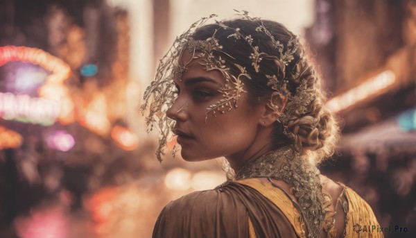 1girl,solo,short hair,black hair,hair ornament,brown eyes,jewelry,closed mouth,upper body,earrings,looking back,dark skin,from behind,blurry,black eyes,dark-skinned female,lips,profile,depth of field,blurry background,piercing,portrait,very dark skin,dreadlocks,from side,realistic,nose