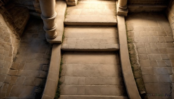 HQ,outdoors,day,no humans,from above,sunlight,scenery,stairs,wall,ruins,brick wall,pillar,arch,column,stone floor,stone wall,grass,plant,railing,road,path,pavement,brick floor,stone stairs