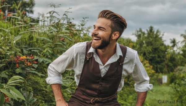 solo,smile,open mouth,brown hair,shirt,1boy,closed eyes,white shirt,upper body,flower,male focus,outdoors,sky,teeth,day,collared shirt,belt,cloud,grin,blurry,vest,tree,blurry background,facial hair,suspenders,cloudy sky,plant,nature,beard,sleeves rolled up,hands on hips,realistic,mustache,overalls,arm hair,grey sky,short hair,long sleeves,:d,pants,dark skin,dress shirt,depth of field,happy,forest,brown belt,laughing,brown pants,brown vest,photo background