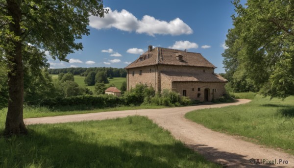 outdoors,sky,day,cloud,tree,blue sky,no humans,window,shadow,cloudy sky,grass,building,nature,scenery,forest,mountain,road,bush,house,path,hill,field