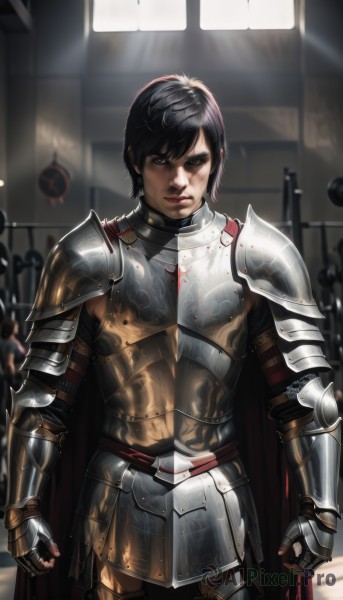 1girl,solo,looking at viewer,short hair,black hair,gloves,closed mouth,standing,weapon,cowboy shot,solo focus,sword,cape,armor,blurry,black eyes,lips,blurry background,polearm,shoulder armor,gauntlets,clenched hands,pauldrons,serious,breastplate,realistic,red cape,knight,full armor,plate armor,1boy,brown eyes,male focus,fingerless gloves,scar,clenched hand,chainmail