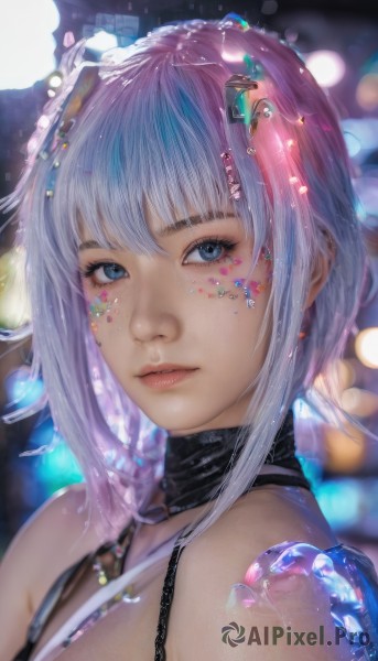 1girl,solo,looking at viewer,short hair,bangs,blue eyes,hair ornament,bare shoulders,jewelry,upper body,pink hair,white hair,multicolored hair,earrings,parted lips,choker,blurry,lips,eyelashes,makeup,blurry background,facial mark,portrait,realistic,nose,breasts,cleavage,blue hair,purple hair,sidelocks,shiny,artist name,water,necklace,from side,looking to the side,gradient hair,depth of field,bubble,water drop,pink lips,bokeh