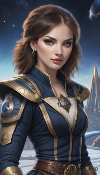 1girl,solo,long hair,breasts,looking at viewer,brown hair,long sleeves,brown eyes,jewelry,medium breasts,closed mouth,upper body,earrings,outdoors,sky,belt,artist name,signature,medium hair,armor,lips,grey eyes,eyelashes,makeup,night,lipstick,gem,star (sky),night sky,eyeshadow,starry sky,gold trim,nose,red lips,brown belt,freckles,realistic,spacecraft,helmet removed