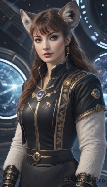 1girl,solo,long hair,breasts,looking at viewer,bangs,brown hair,gloves,long sleeves,animal ears,brown eyes,jewelry,short sleeves,earrings,parted lips,belt,cat ears,lips,animal ear fluff,makeup,lipstick,brooch,gem,science fiction,realistic,nose,red lips,medium breasts,upper body,grey eyes,wolf ears,fur