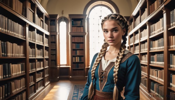 1girl,solo,long hair,looking at viewer,blue eyes,blonde hair,brown hair,long sleeves,dress,brown eyes,jewelry,closed mouth,collarbone,upper body,braid,indoors,necklace,twin braids,lips,book,window,sunlight,hair over shoulder,realistic,nose,bookshelf,library,makeup,blue dress