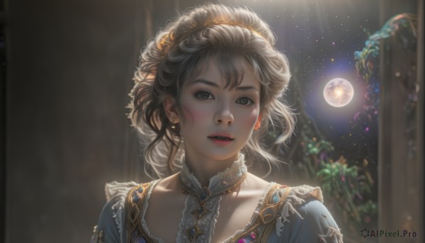 1girl,solo,looking at viewer,short hair,hair ornament,dress,jewelry,earrings,parted lips,sky,teeth,necklace,blurry,black eyes,lips,grey eyes,night,depth of field,blue dress,moon,plant,gem,portrait,star (sky),night sky,full moon,starry sky,realistic,nose,blush,bangs,brown hair,black hair,brown eyes,collarbone,upper body,window,backlighting,moonlight