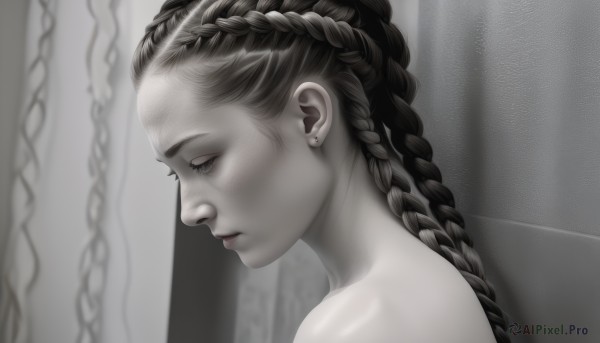 1girl,solo,long hair,jewelry,closed mouth,monochrome,upper body,braid,greyscale,nude,earrings,blurry,twin braids,from side,lips,eyelashes,profile,looking down,half-closed eyes,portrait,spot color,realistic,nose,stud earrings,multiple braids,bare shoulders,makeup,piercing