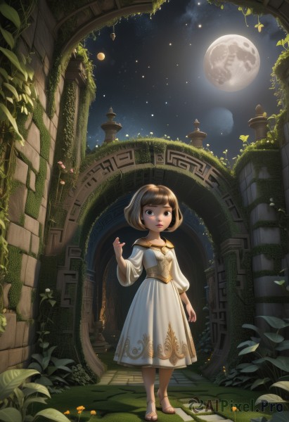 1girl,solo,looking at viewer,short hair,bangs,brown hair,dress,brown eyes,standing,full body,flower,outdoors,sky,white dress,lips,night,leaf,moon,sandals,grass,plant,star (sky),night sky,scenery,full moon,starry sky,fantasy,ruins,vines,pillar,arch,overgrown,blunt bangs,black eyes