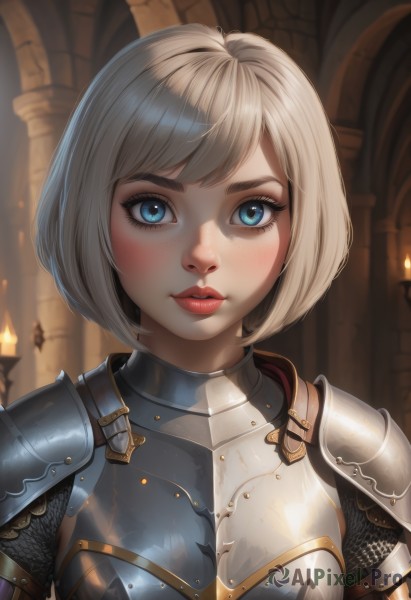 1girl,solo,looking at viewer,blush,smile,short hair,bangs,blue eyes,blonde hair,closed mouth,upper body,white hair,grey hair,parted lips,shiny,artist name,indoors,armor,blurry,lips,eyelashes,makeup,blurry background,swept bangs,bob cut,lipstick,shoulder armor,portrait,freckles,pauldrons,breastplate,nose,red lips,candle,mascara,chainmail,plate armor,boobplate,breasts,thick eyebrows,gorget