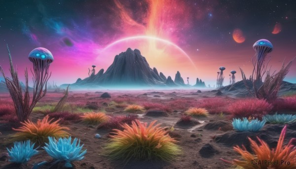 flower,outdoors,sky,tree,no humans,night,glowing,moon,grass,star (sky),nature,night sky,scenery,starry sky,blue flower,mountain,fantasy,field,planet,landscape,mountainous horizon,water,reflection,science fiction,space,spacecraft