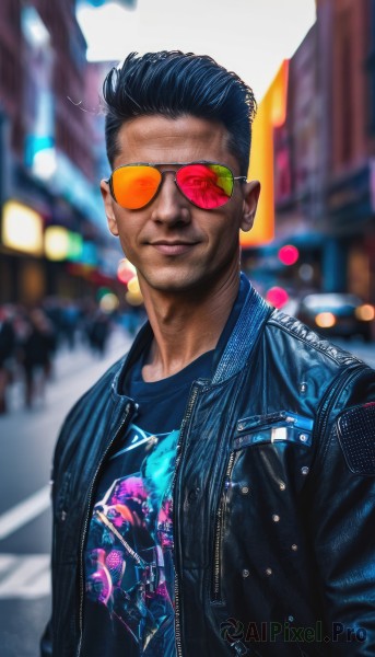 solo,looking at viewer,smile,short hair,shirt,black hair,1boy,closed mouth,jacket,upper body,male focus,outdoors,open clothes,glasses,dark skin,blurry,open jacket,lips,black jacket,black shirt,blurry background,sunglasses,dark-skinned male,blue shirt,city,realistic,leather,print shirt,tinted eyewear,leather jacket,denim jacket,aviator sunglasses,artist name,facial hair,blue jacket,motor vehicle,zipper,photo background