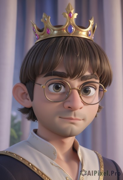 solo,looking at viewer,smile,short hair,bangs,brown hair,1boy,brown eyes,closed mouth,male focus,glasses,blurry,blurry background,facial hair,thick eyebrows,crown,curtains,portrait,round eyewear,black hair,indoors,gem,realistic