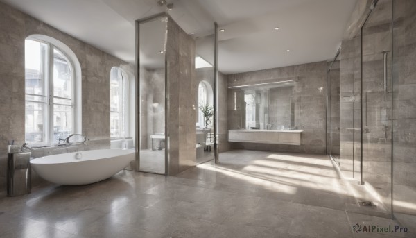 day,indoors,no humans,window,shadow,sunlight,plant,scenery,reflection,light rays,mirror,door,tiles,bathroom,bathtub,toilet,sink,faucet,tile floor,hallway,reflective floor