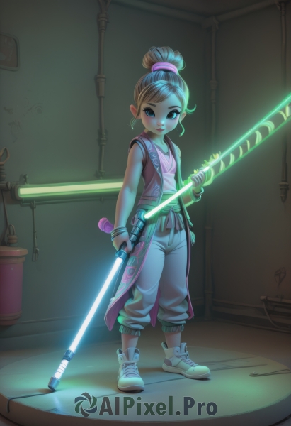 1girl,solo,looking at viewer,blush,smile,blue eyes,brown hair,holding,jewelry,closed mouth,standing,full body,ponytail,weapon,shoes,sleeveless,pants,sword,indoors,hair bun,holding weapon,vest,flat chest,bracelet,glowing,single hair bun,sneakers,science fiction,dual wielding,baggy pants,glowing weapon,energy sword,lightsaber,shirt,brown eyes,earrings,open clothes,artist name,necklace,lips,watermark,white footwear,tank top,staff,hoop earrings,cable,open vest,industrial pipe,pink vest,neon lights