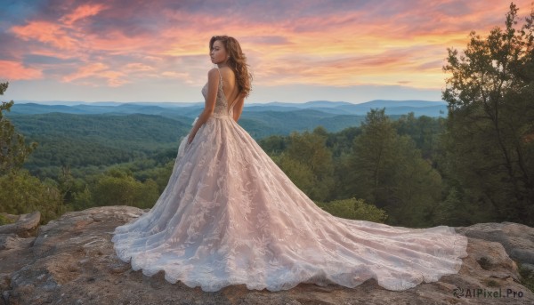 1girl,solo,long hair,looking at viewer,brown hair,gloves,dress,bare shoulders,jewelry,standing,full body,earrings,outdoors,sky,cloud,white dress,tree,see-through,strapless,profile,cloudy sky,nature,scenery,strapless dress,forest,sunset,mountain,wedding dress,long dress,backless dress,mountainous horizon,gown,looking back,rock,backless outfit,realistic,bride,landscape