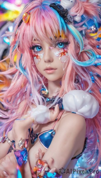 1girl,solo,long hair,breasts,looking at viewer,bangs,blue eyes,hair ornament,bare shoulders,jewelry,closed mouth,blue hair,swimsuit,upper body,pink hair,heart,bikini,multicolored hair,parted lips,choker,artist name,nail polish,blurry,bracelet,two-tone hair,lips,streaked hair,fingernails,eyelashes,makeup,depth of field,animal,facial mark,ring,gem,bikini top only,blue bikini,eyeshadow,blue nails,pink lips,nose,heart hair ornament,mascara,flower,horns,necklace,star (symbol),bra,tattoo,gradient hair,web address,bubble,thumb ring