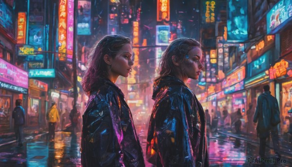 long hair, blue eyes, multiple girls, black hair, 2girls, jacket, outdoors, multiple boys, profile, night, rain, city, sign, realistic, road, city lights, cyberpunk, neon lights