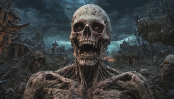 open mouth,red eyes,outdoors,sky,teeth,cloud,no humans,night,glowing,cloudy sky,fire,building,scenery,smoke,skull,monster,city,ruins,skeleton,bone,horror (theme),undead,night sky,glowing eyes,fantasy,dark