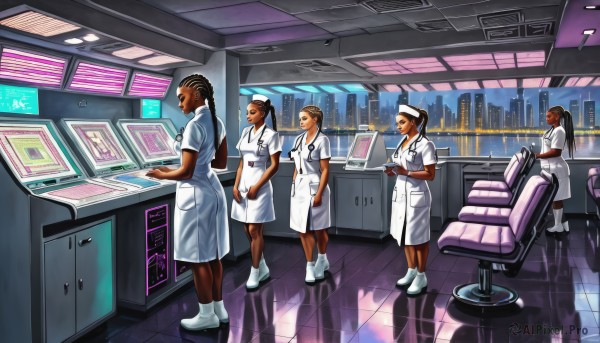 long hair,short hair,multiple girls,brown hair,black hair,hat,standing,ponytail,multiple boys,indoors,dark skin,dark-skinned female,4girls,colored skin,chair,5girls,reflection,science fiction,nurse cap,nurse,computer,red skin,clipboard,tablet pc,stethoscope,holding clipboard,doctor,skirt,uniform,city,realistic,labcoat,office