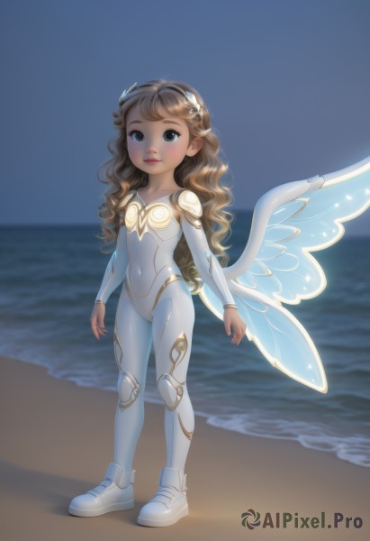 1girl,solo,long hair,looking at viewer,smile,blonde hair,brown hair,hair ornament,brown eyes,standing,full body,hairband,outdoors,wings,sky,shoes,water,armor,flat chest,leotard,lips,bodysuit,covered navel,night,ocean,wavy hair,beach,white footwear,night sky,skin tight,curly hair,fairy wings,fairy,white bodysuit,fake wings,sneakers,child