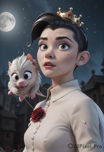 1girl,solo,breasts,looking at viewer,short hair,shirt,black hair,jewelry,white shirt,upper body,flower,earrings,outdoors,parted lips,sky,teeth,collared shirt,necklace,blurry,black eyes,lips,night,blurry background,rose,animal,moon,cat,crown,red flower,building,night sky,full moon,genderswap (mtf),freckles,red rose,red lips,stud earrings,mini crown,very short hair,castle,open mouth,artist name,torn clothes,blood,buttons,watermark,star (sky),genderswap,nose,creature,moonlight