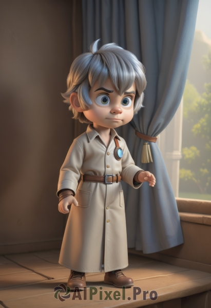 solo,looking at viewer,short hair,blue eyes,long sleeves,1boy,brown eyes,jewelry,closed mouth,standing,full body,grey hair,male focus,boots,belt,artist name,indoors,tree,coat,window,buttons,frown,brown footwear,curtains,child,pendant,brown belt,male child,watermark