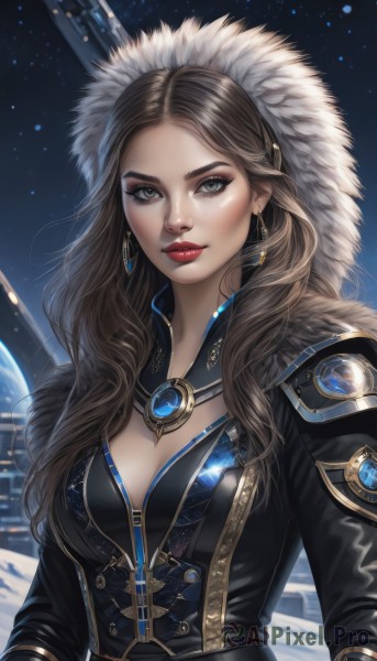 1girl,solo,long hair,breasts,looking at viewer,brown hair,hair ornament,long sleeves,cleavage,jewelry,medium breasts,closed mouth,green eyes,upper body,earrings,outdoors,sky,belt,artist name,armor,lips,grey eyes,fur trim,eyelashes,makeup,night,wavy hair,lipstick,gem,star (sky),night sky,snow,snowing,nose,red lips,eyeliner,brown eyes,underwear,jacket,signature,hood,necklace,bra,black jacket,forehead,eyeshadow,zipper,starry sky,realistic,mascara