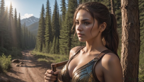 1girl,solo,long hair,breasts,large breasts,brown hair,cleavage,bare shoulders,brown eyes,medium breasts,collarbone,upper body,ponytail,outdoors,sky,day,bag,armor,blurry,tree,lips,sunlight,nature,forest,mountain,realistic,nose,parted lips,signature,bra,depth of field,blurry background,dappled sunlight