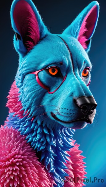 solo,simple background,animal ears,closed mouth,glasses,orange eyes,gradient,gradient background,no humans,animal,blue background,portrait,colored sclera,realistic,animal focus,looking at viewer,flower,signature,pokemon (creature),looking away,eyepatch,web address