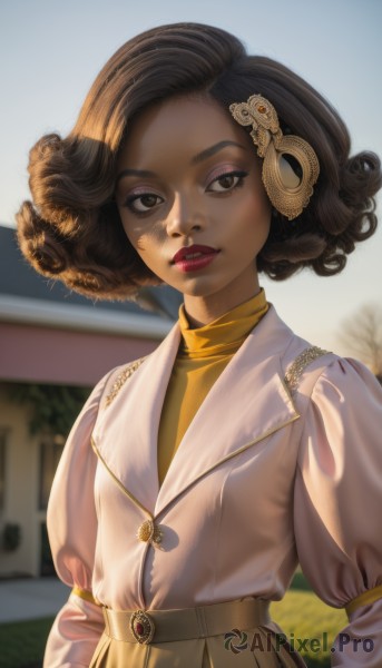 1girl,solo,looking at viewer,short hair,skirt,brown hair,shirt,black hair,hair ornament,long sleeves,brown eyes,jewelry,upper body,outdoors,parted lips,sky,day,puffy sleeves,belt,dark skin,medium hair,necklace,blurry,sweater,dark-skinned female,lips,looking to the side,eyelashes,makeup,blurry background,turtleneck,headphones,lipstick,forehead,curly hair,yellow shirt,realistic,nose,red lips,very dark skin,afro,smile,dress,jacket,teeth,tree,sunlight,white jacket,eyeshadow,backlighting