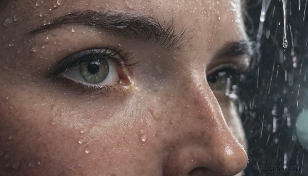 solo, 1boy, brown eyes, male focus, wet, eyelashes, close-up, reflection, rain, water drop, realistic, eye focus