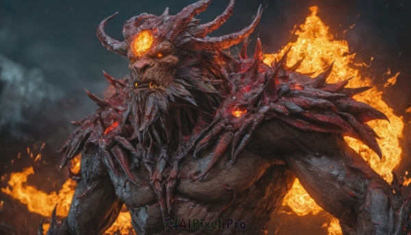 solo,open mouth,red eyes,1boy,yellow eyes,upper body,male focus,horns,sky,teeth,orange eyes,no humans,muscular,glowing,fangs,fire,sharp teeth,glowing eyes,claws,spikes,monster,giant,extra eyes,alien,demon,embers,molten rock,night,multiple horns