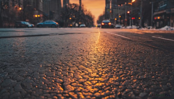 outdoors,sky,blurry,tree,no humans,night,depth of field,blurry background,ground vehicle,building,scenery,motor vehicle,snow,reflection,sunset,city,car,road,lamppost,street,real world location,cloud,evening,dusk,pavement,sidewalk